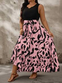 SHEIN Holidaya Vestido elegante sin mangas de talla grande con diseño 2 en 1 y falda plisada para dama de oficina - Multicolor - Ver 5