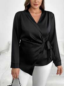 SHEIN Privé Große Größen schwarze Lässig Wickel Krawatte geraffte Einfarbige Bluse mit gekrümmtem Saum und Langarm, bequem und elegant, geeignet für Frühling und Herbst