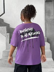 SHEIN Tween Girls Extended Size Basic Casual Loose Fit Short Sleeve Knit Top For Spring/Summer - Purple - View 5