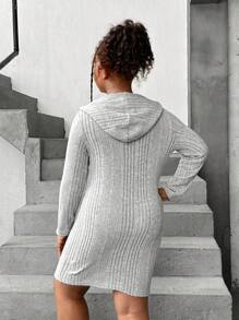 SHEIN Tween Girls Extended Size Basic Casual Knit Solid Color Long Sleeve Hooded Sheath Dress - Grey - View 2