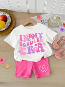 SHEIN In My Toddler Era, 2pcs/Set, Summer, Pink, Baby Girls' Casual And Simple Cute Pink Letter Printed Short Sleeve T-Shirt And Shorts Set, Suitable For Summer - Multicolor - View 1
