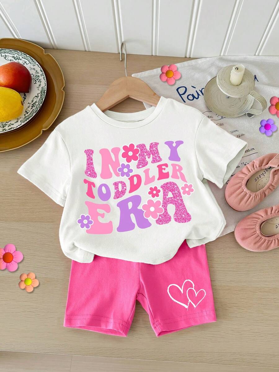 SHEIN In My Toddler Era, 2pcs/Set, Summer, Pink, Baby Girls' Casual And Simple Cute Pink Letter Printed Short Sleeve T-Shirt And Shorts Set, Suitable For Summer - Multicolor - View 1