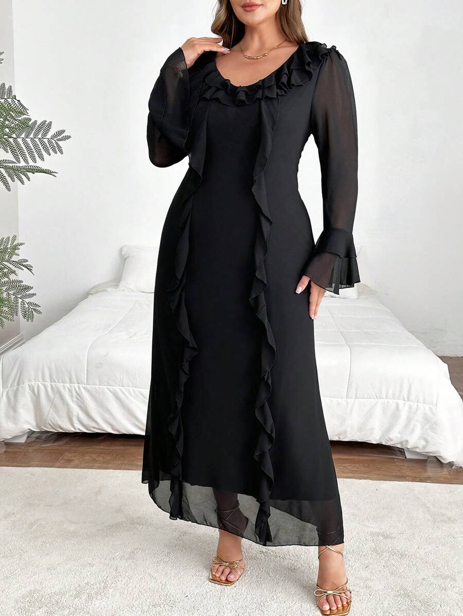 SHEIN Privé Elegant And Delicate Plus Size Black V-Neck Chiffon Dress With Ruffled Edges For Women - Black - View 1
