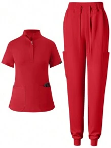 Conjunto de uniforme de enfermería deportivo para correr mate y elástico para mujer con bolsillos, ropa de trabajo transpirable para lavado de manos con bolsillos - Rojo - Ver 1