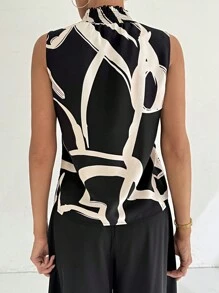 SHEIN Privé Women's High-Neck Sleeveless Printed Top With Ruffled Edges, Casual Wear - Multicolor - View 2