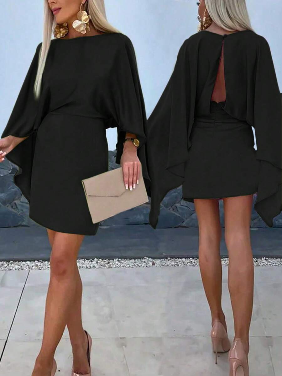 Chiquease Green Casual Slim-Fit Asymmetric Bell Sleeve Mini Dress With Cinched Waist, Summer - Black - View 1