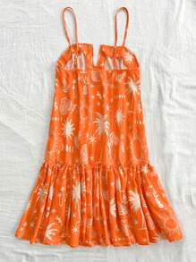 Soleia Vestido corto casual de playa con estampado tropical naranja suelto y cómodo, con apliques y volantes - Puede usarse dentro o fuera durante las vacaciones de verano - Naranja - Ver 2