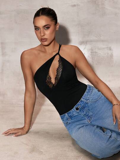 SHEIN BAE Women's Solid Color Simple Daily Lace Decor Asymmetric Shoulder Bodysuit,Valentine's Day,Valentine Outfits For Women