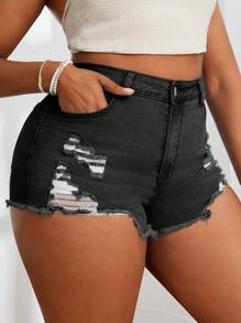 SHEIN SXY Plus Size Fashionable Distressed Denim Shorts With Pocket And Elasticity - Black - View 4