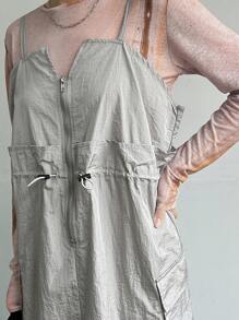 FRIFUL Women's Zipper Pockets Design Waist-Cinched Casual Dress Sundress - Light Grey - View 5
