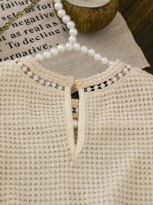 SHEIN LMoss Kids LMoss Young Girl Knitted Solid Color Round Neck Lace Ruffle Trim Fitted T-Shirt - Apricot - View 3