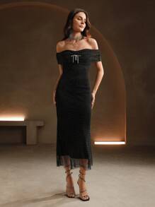 Anewsta 黑色鑽石魚網鑲鑽中長裙 - 黑色 - 查看 2