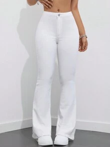 SHEIN ICON Solid Color Skinny Flare Jeans With Pockets For Women,Ladies Casual Button,Pocket,Zipper High Waist Flare Leg Long White Regular Fit Women Jeans,Spring/Fall,Casual Daily Wear - White - View 4