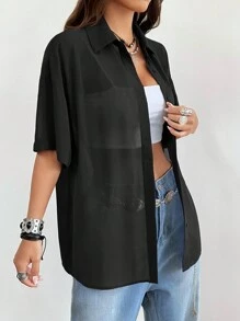 SHEIN EZwear Áo Sơ Mi Nữ Tay Lửng Màu Đen Sheer Cổ Điển, Cổ Điển, Có Nút Xuống - màu đen - Xem 5