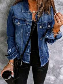 Women's Plain Simple Distressed Washed Denim Jacket, Suitable For Autumn