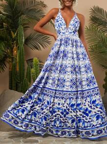 Travachic Woven Printed Deep V-Neck Criss Cross Backless Cami Dress - Blue - View 1