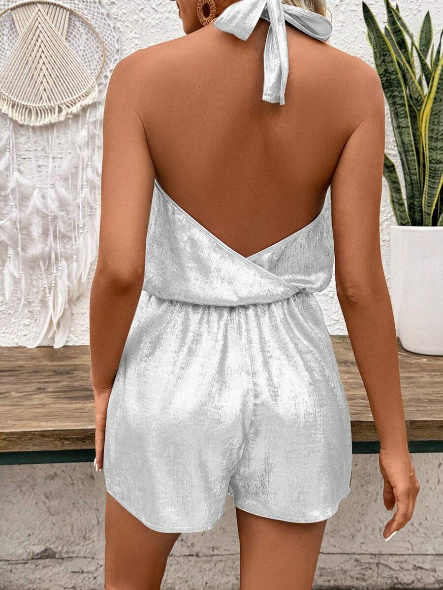 Breezaya 休閒女士純色簡約日常佩戴露背吊帶連體褲，配帶頸巾