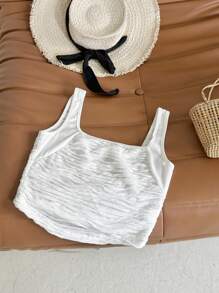 Flirla Top de tanque informal para mujer con cuello cuadrado y pliegues en un solo color