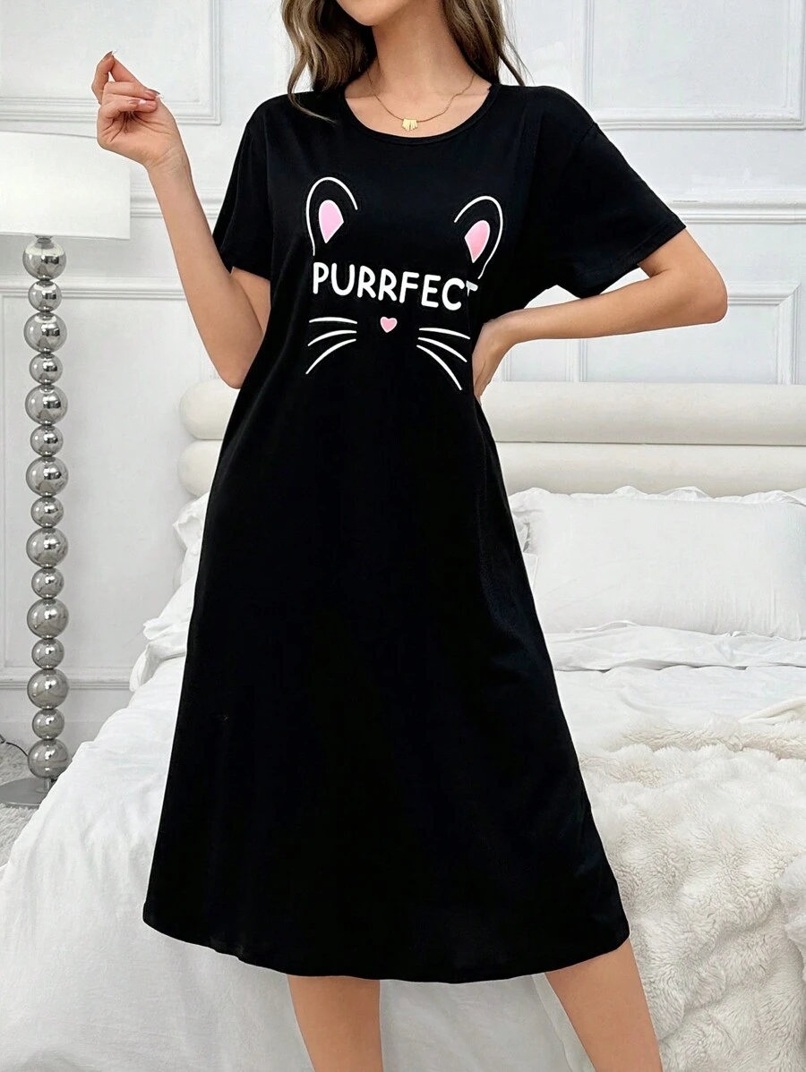 短袖宽松女士猫咪字母印花圆领睡裙，日常休闲，Moo Moo - 黑色 - 查看 1