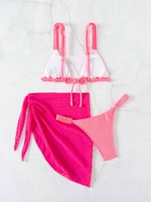 SHEIN Swim Damen Einfarbiger, simpler Bikini-Set für den täglichen Gebrauch am Strand - Heißes Pink - Übersicht 2