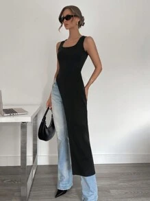 Siren Gaze New Spring Summer Sleeveless Dark Style Super Long Split Hem Women's Tank Top Black Casual - Black - View 3