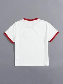 SHEIN EZwear Summer Contrast Color Crew Neck Embroidery Cherry Ringer Loose Tee