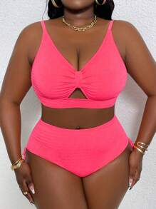 SHEIN Slayr CURVE Plus Size Solid Color Hollow Out Bikini Top And Bottom Set With Spaghetti Strap, For Casual Beach Holiday Summer - Baby Pink - View 6