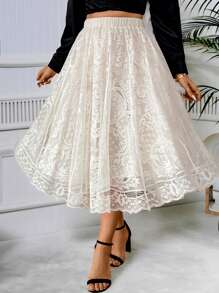 Elenzga Plus Size Elegant Jacquard Lace Skirt For Summer Fall - Apricot - View 8