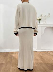 EURMUSE Navy Striped Trim Sweater Pullover And Pleated Skirt - Apricot - View 3