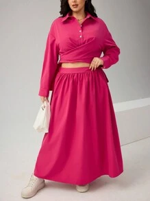 SHEIN Essnce Women Plus Size Rose Red Fashion Casual Two Pieces Set Two Pieces Outfits Two Pieces Set Plus Pink Two Pieces - Hot Pink - View 6