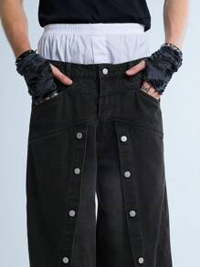 Manfinity Denimwave Jeans de mezclilla negra de pierna ancha para hombre con estilo retro callejero Y2K, diseño de parches especiales y botones, pantalones vaqueros holgados