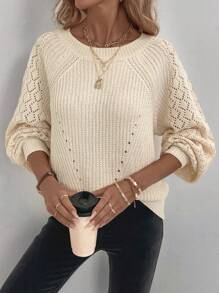 SHEIN LUNE Suéter hueco de manga raglán de punto unicolor para primavera y otoño de estilo casual
