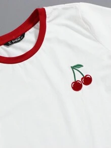 SHEIN EZwear Summer Contrast Color Crew Neck Embroidery Cherry Ringer Loose Tee
