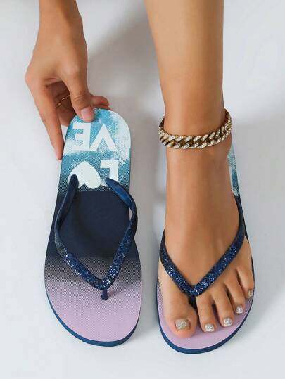 Grefit 女士 LOVE 字母印花情侣室内户外防滑拖鞋，海滩度假人字拖，圣诞节秋季新年假期