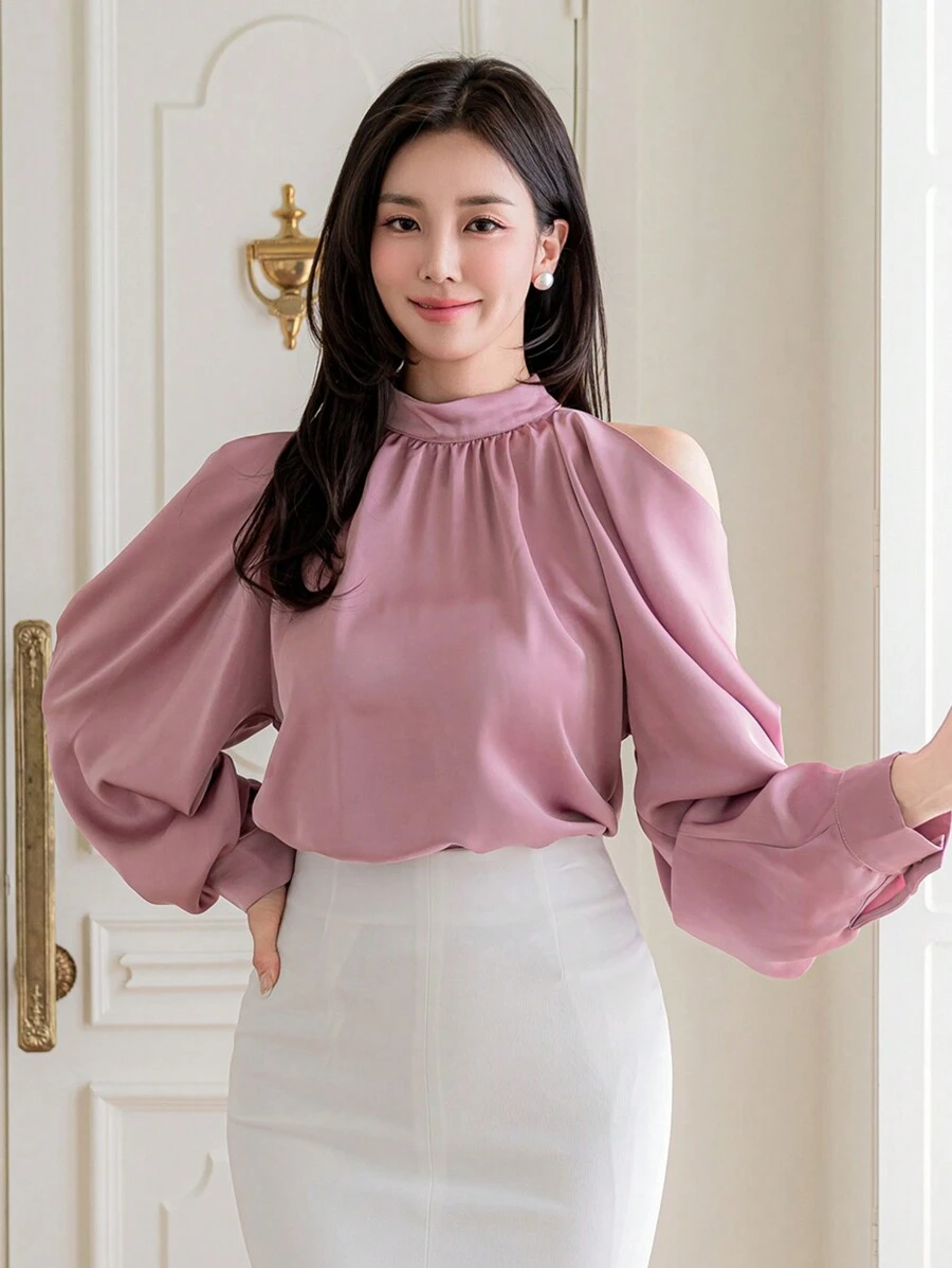 DAZY Áo sơ mi dài tay hở vai cổ đứng màu trơn thanh lịch dành cho nữ, Quần áo mùa thu cho nữ - Hồng - Xem 1