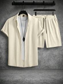 Manfinity Homme Men's Solid Color Simple Daily Short Sleeve And Shorts Set, Men Street Wear Sets, Casual Two Pieces Set Men, Men Two Pieces Set Summer, Men White 2 Pieces Outfit, Cozy Outfits