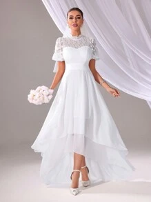 SHEIN Belle Einfarbiges Hochzeitskleid mit Spitzeneinsatz und asymmetrischem Saum - Weiss - Übersicht 3