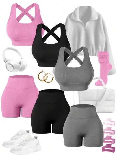 Easithlete طقم رياضي للنساء: توب بياقة مستديرة وأربطة متقاطعة ملائم للجسم وشورت رياضي مرتفع الخصر مخرم للياقة البدنية ، طقم نسائي لتمارين الجيم