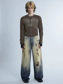 Manfinity Denimwave Y2K Retro Street Style Men's Baggy Jeans In Deep Blue Washed And Distressed Look, Urban Wasteland Style - Dark Wash - View 3