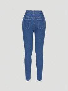 Jeans azul índigo de lavado medio con estiramiento, cómodos y con estilo para adolescentes - Azul lavado medio - Ver 2