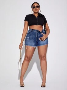 SHEIN SXY Plus Size Frayed Edge Casual Summer Denim Shorts - Blue - View 5