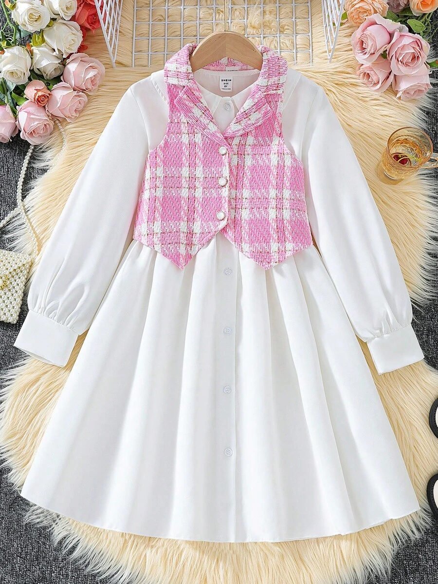 Tween Girl Plaid Sleeveless Open-Front Jacket And Long-Sleeved Button-Front Dress Set, Casual Vacation