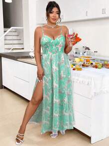 SHEIN Belle Tamanho grande Elegante Vestido de Alça com Fenda Alta e Estampa Floral para o Verão - Verde - Ver 5