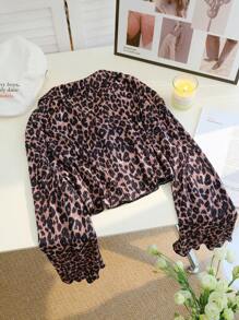 SHEIN EZwear Plus Size Women's Leopard Print Simple Daily Long Sleeve Shirt