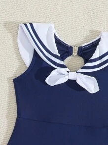 2pcs Navy Style Swimsuit Set, Young Girl One-Piece Swimsuit With Skirt, Back To School Girls' Swimwear, Cute Navy Style Swimsuit & Beach Outfit