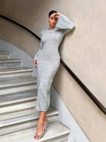 EURMUSE Bell Sleeved Knitted Long Dress - Grey - View 5