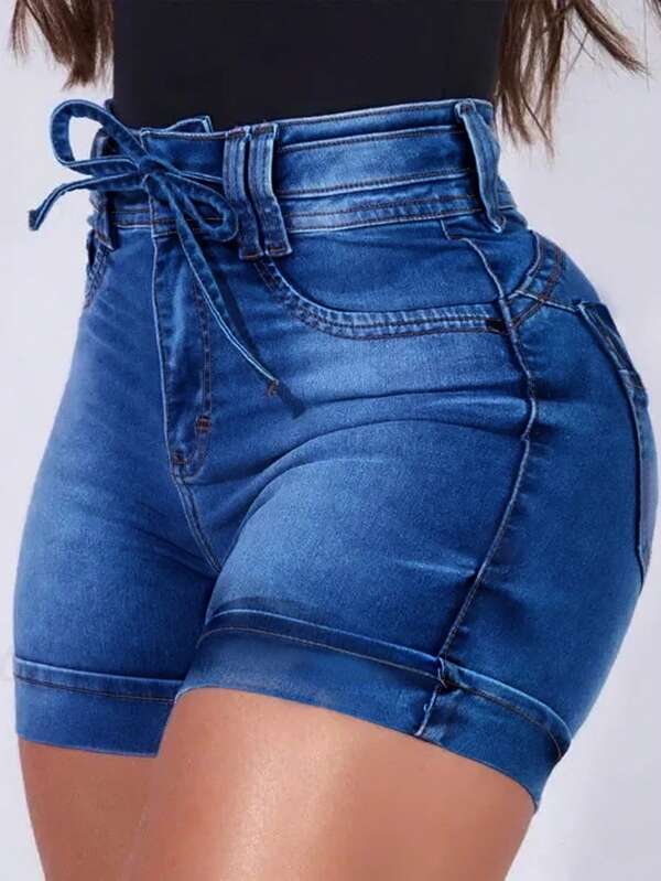 شورتات جينز نسائية كاجوال لصيف قصيرة مطاطية الخصر مع جيوب