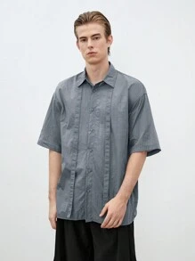 Mainfolk Men's Solid Color Woven Short Sleeve Loose Fit Casual Shirt, Suitable For Summer - Grey - View 9
