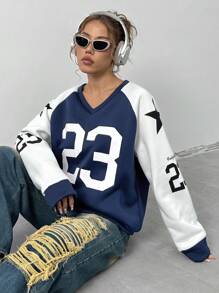 StreetHx V-Neck Color Block Contrast Print Casual Sweatshirt With Raglan Sleeve Design Pullover Fall Outfit