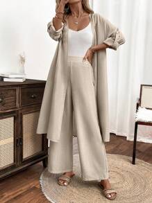 EMERY ROSE Áo trễ vai hở vai & quần ống rộng - Màu be - Xem 5